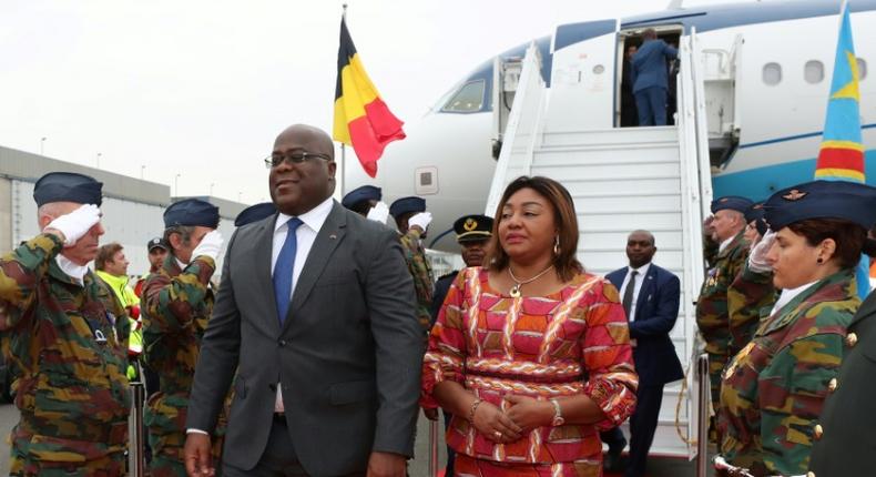 Democratic Republic of Congo's President Felix Tshisekedi and his wife Denise arrive for an official visit in Belgium at the Melsbroek military airport.