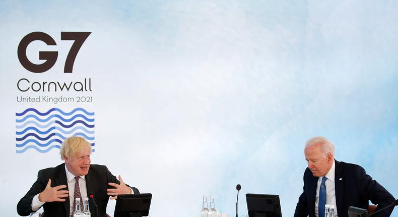 Britain's Prime Minister Boris Johnson and President Joe Biden at the G7 summit in Britain on Sunday.
