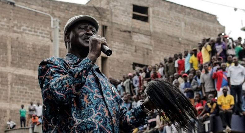 Kenya's opposition leader Raila Odinga speaks to supporters in the Mathare district of Nairobi, on August 13, 2017