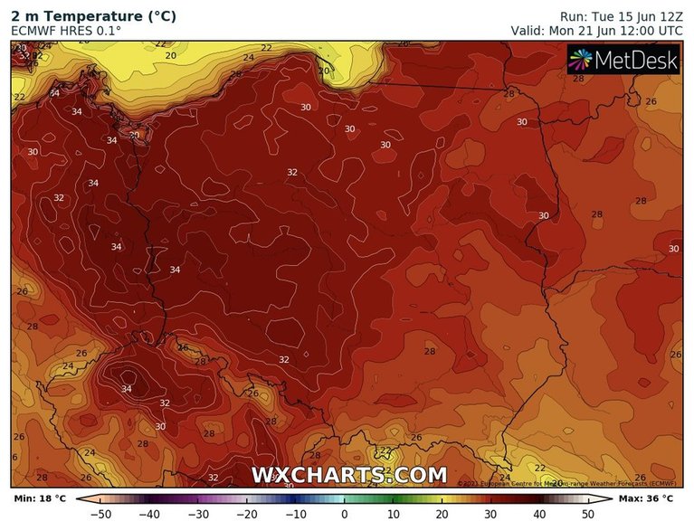 Prognozowana temperatura w poniedziałek po południu