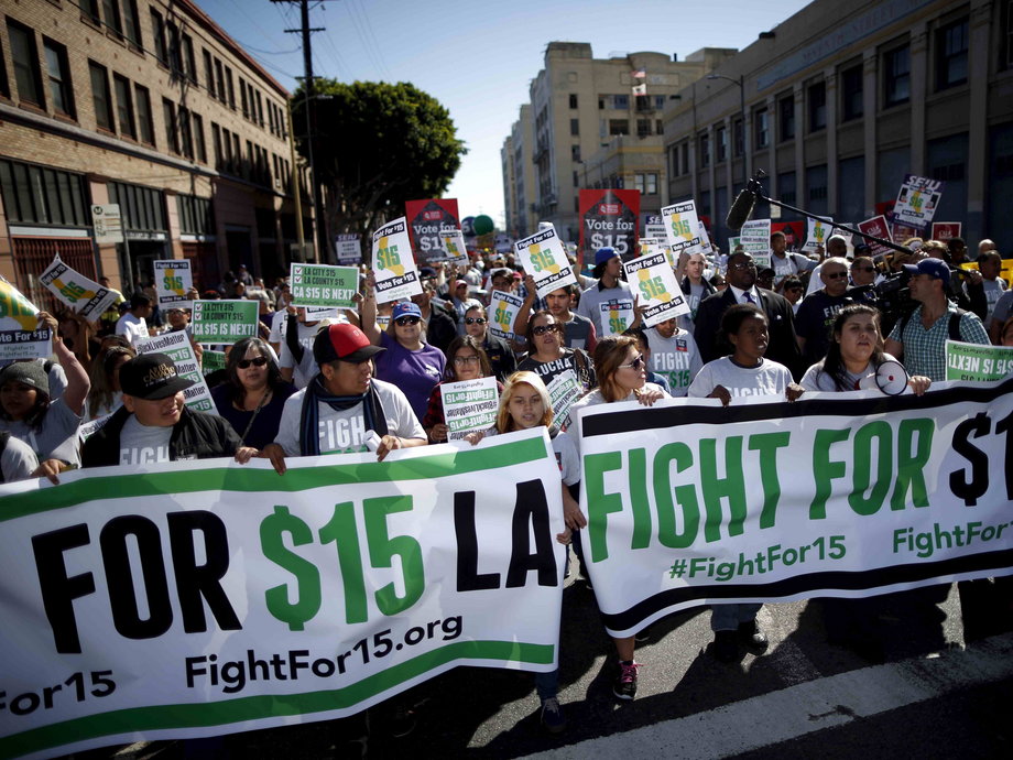 Fast-food workers and their supporters protest for higher wages and union rights in Los Angeles in November 2015.