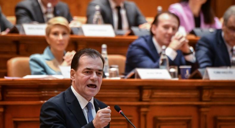 Ludovic Orban, seen speaking during the no-confidence vote, blamed retrogressive forces for his government falling -- though his liberals lead polls for an expected snap election