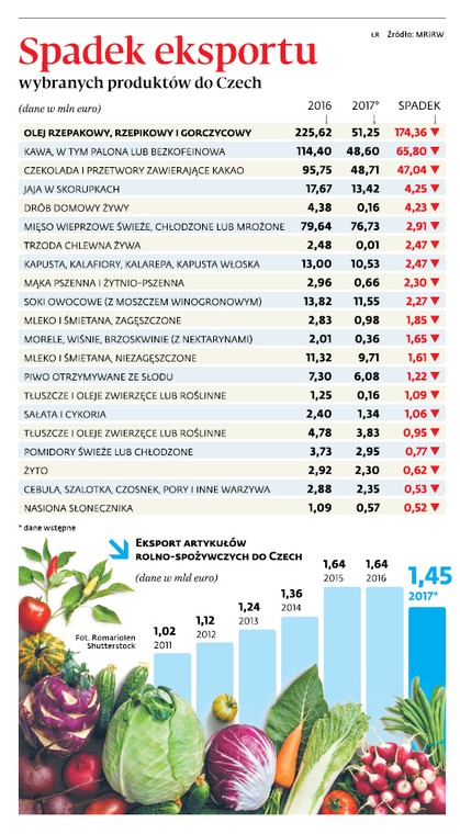 Spadek eksportu wybranych produktów do Czech