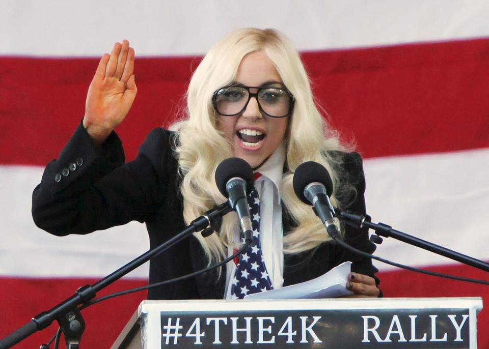 Singer Lady Gaga speaks at a rally in Portland Maine