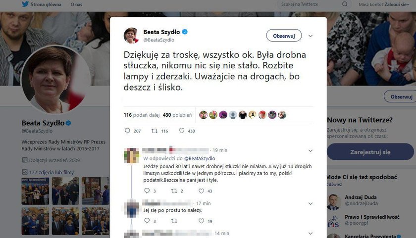 Wypadek byłej premier Beaty Szydlo jadącej w kolumnie rządowej w Imielinie