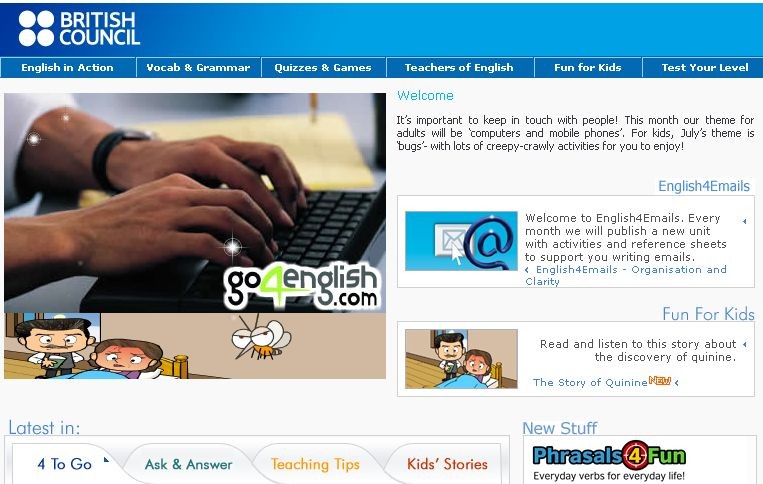 Jak widać, ogromna część zasobów e-learningowych jest dostępna po angielsku. By móc z nich skorzystać trzeba więc znać ten język. Pomocny w tym może być serwis prowadzony przez British Council, czyli oficjalny brytyjski instytut odpowiedzialny za naukę tęgo języka na świecie. 
Go4English oferuje zajęcia, testy, nagrania video i zadania zarówno dla uczniów, jak i nauczycieli, na wszystkich poziomach nauki i dostosowane do różnych grup wiekowych.

<a href=' www.go4english.com' target='_blank' style='color: blue'> https:// www.go4english.com</a>