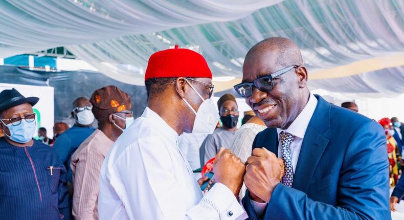 From Left: Governor Ifeanyi Okowa of Delta State exchanging greetings with Governor Godwin Obaseki of Edo State. (Delta State Govt)
