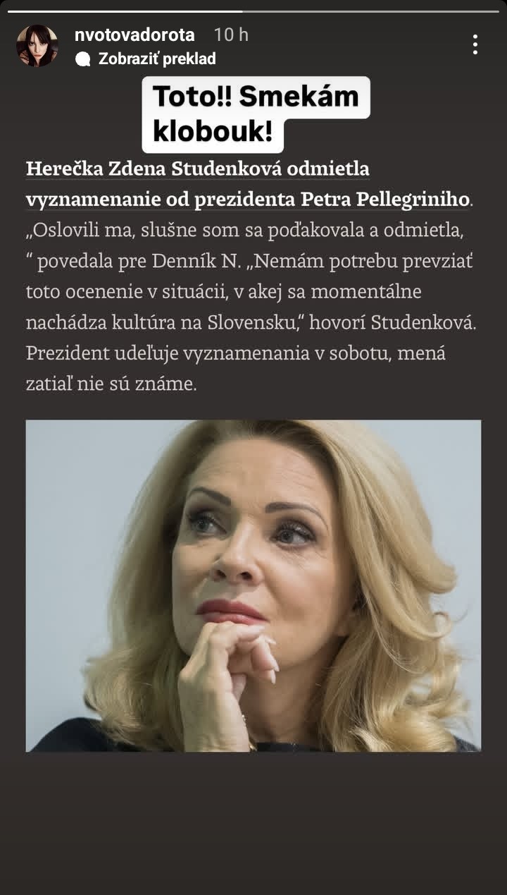 Dorota Nvotová poslala Zdene Studenkovej verejný odkaz po tom, ako odmietla prijať vyznamenanie od Petra Pellegriniho. 