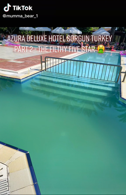 Na fotografiách bolo vidno zelený zákal vznášajúci sa vo vode bazéna v luxusnom hoteli.
