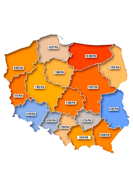 Średnie wartości rezerwacji świątecznch w regionach