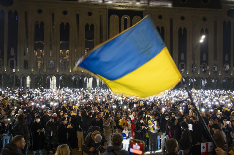 Gruzini na wiecu poparcia dla Ukrainy przed parlamentem w Tbilisi, 25 lutego 2022 r.