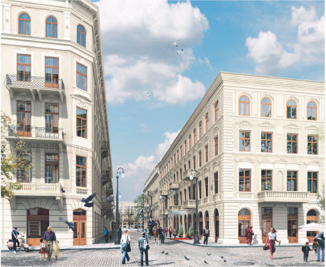 Wizualizacja z 2009 roku, na której obie pierzeje ulicy Próżnej są odnowione. Dziś biurowiec Le Palais (z prawej) jest zmodernizowany, natomiast budynek z lewej jest w bardzo złym stanie.