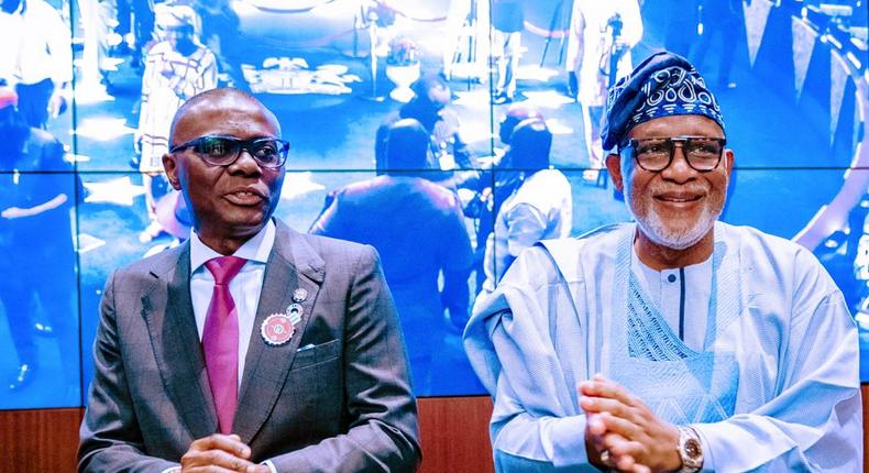 Lagos Governor Babajide Sanwo-Olu and his Ondo counterpart, Rotimi Akeredolu attend a function (Lagos govt)