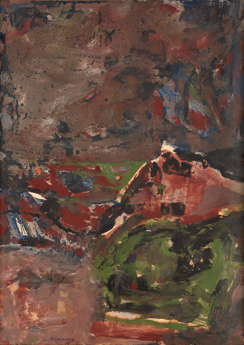MIHAILOVIC Kompozicija, 1958, kombinovana tehnika na papiru kaširanom na platno, 75x53cm 