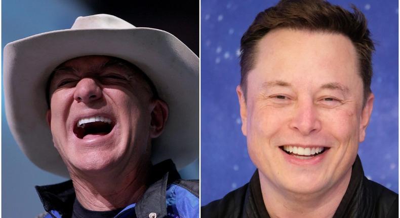 Blue Origin CEO Jeff Bezos (left) and SpaceX CEO Elon Musk.
