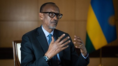 TOPSHOT - Rwanda's President Paul Kagame speaks during an interview with international media at the presidency office in Kigali, on May 28, 2021. (Photo by Simon Wohlfahrt / AFP) (Photo by SIMON WOHLFAHRT/AFP via Getty Images)