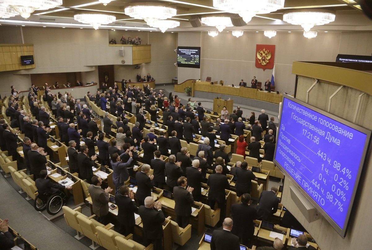 Debata w rosyjskiej Dumie nad traktatem o przyłączeniu Krymu do Federacji. Fot. EPA/MAXIM SHIPENKOV/PAP/EPA