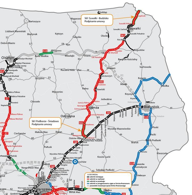 Mapa inwestycji Via Baltica od Warszawy do przejścia granicznego w Budzisku