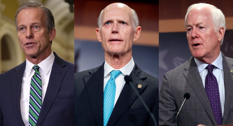 From left: Sens. John Thune, Rick Scott, and John Cornyn are all officially running to succeed Mitch McConnell.Alex Wong, Andrew Harnik, and Kevin Dietsch/Getty Images