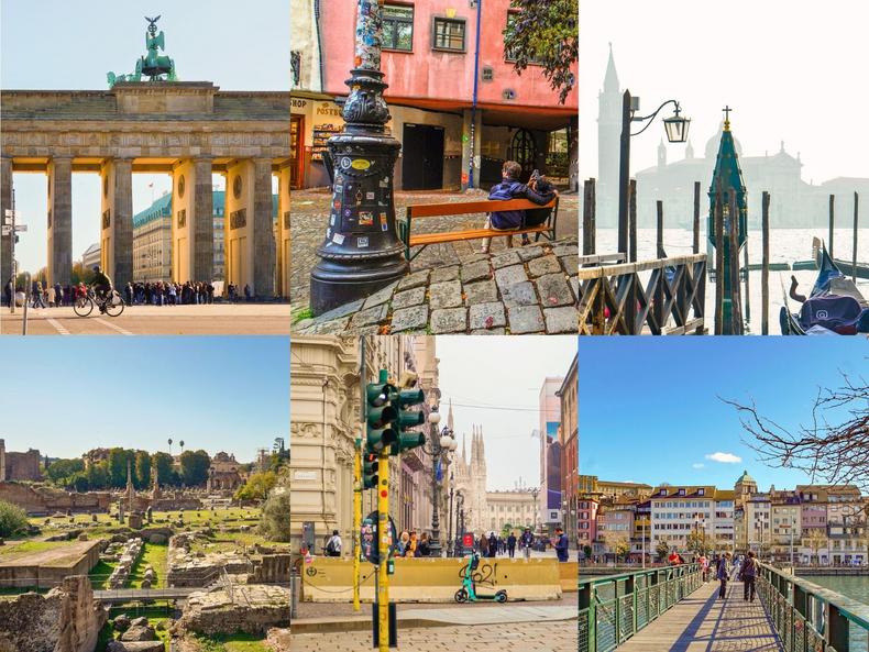 Top Left: Berlin, top center: Vienna, top right: Venice. Bottom Left: Rome, bottom center: Milan, bottom right: Zurich.Joey Hadden/Business Insider