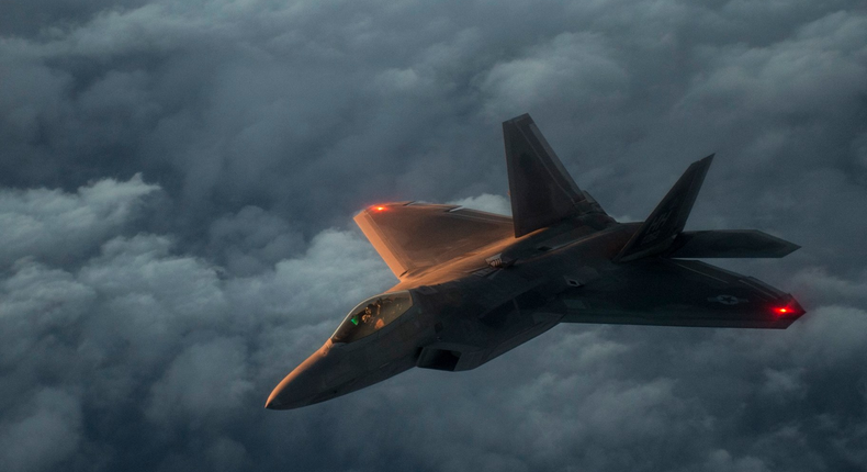 A US Air Force F-22 Raptor flies over the Arabian Sea in support of Operation Inherent Resolve, Jan. 27, 2016.