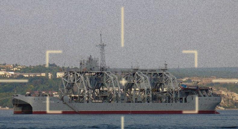 An image of the Russian salvage ship the Kommuna in crosshairs, as shared by the Defense of Ukraine X account on April 21, 2024.Defense of Ukraine/X