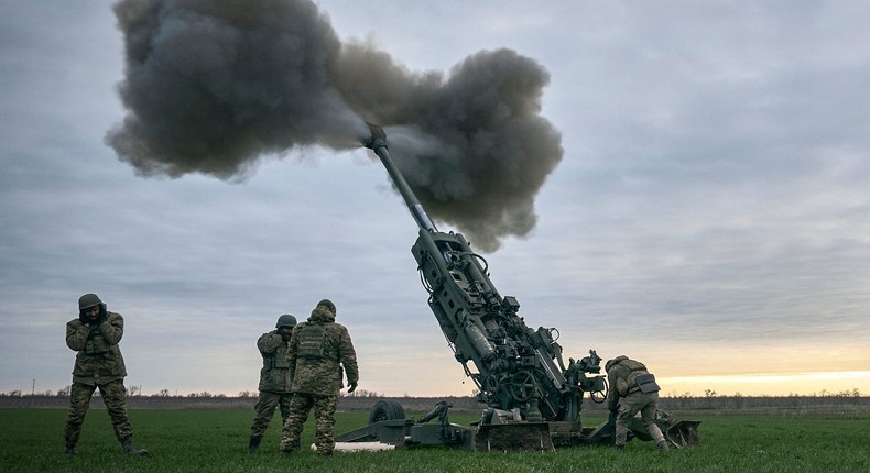 Ukrainian soldiers fire at Russian positions from a U.S.-supplied M777 howitzer in Kherson region, Ukraine, Jan. 9, 2023.AP Photo/Libkos