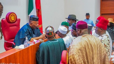 Nigerian senators with Senate President Godswill Akpabio (left) [Tope Brown]