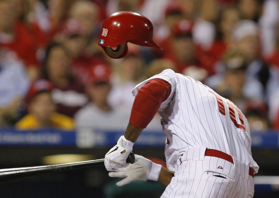  Philadelphia Phillies Ben Francisco reacts after being hit in the head with a pitch by Cincinnati Reds Logan Ondrusek during the sixth inning in Game 2 of the MLB National League Division Series baseball playoffs in Philadelphia, Pennsylvania, October 8,