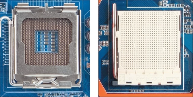 Gniazdo LGA775 (zdjęcie po lewej) pozwala zainstalować procesory firmy Intel. Użytkownicy modeli AMD muszą wybrać płytę z gniazdem AM2+ (po prawej)