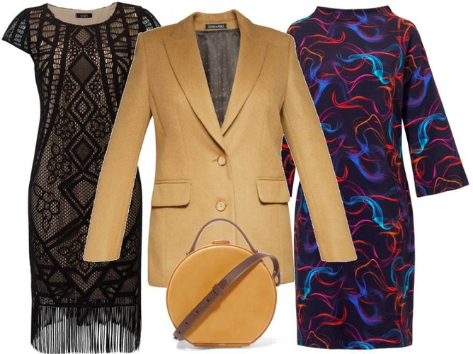 Modne marynarki na jesień 2018: żakiet-Dziekański/dziekanski.pl, koronkowa sukienka-Trynite/trynite.pl, wzorzysta sukienka-Cotton Club/cottonclub.pl, torebka-TK Maxx