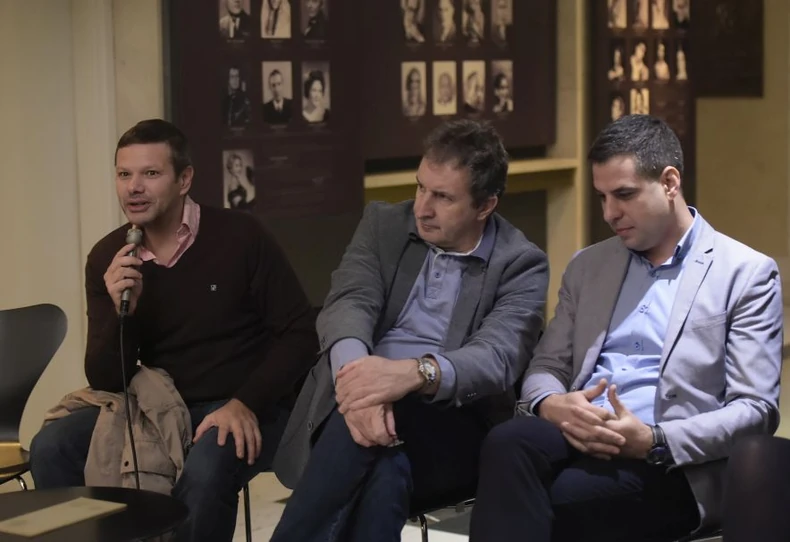Bariton Vladimir Andrić, upravnik Narodnog pozorišta Dejan Savić i umetnički direktor Madlenianuma Andreja Rackov