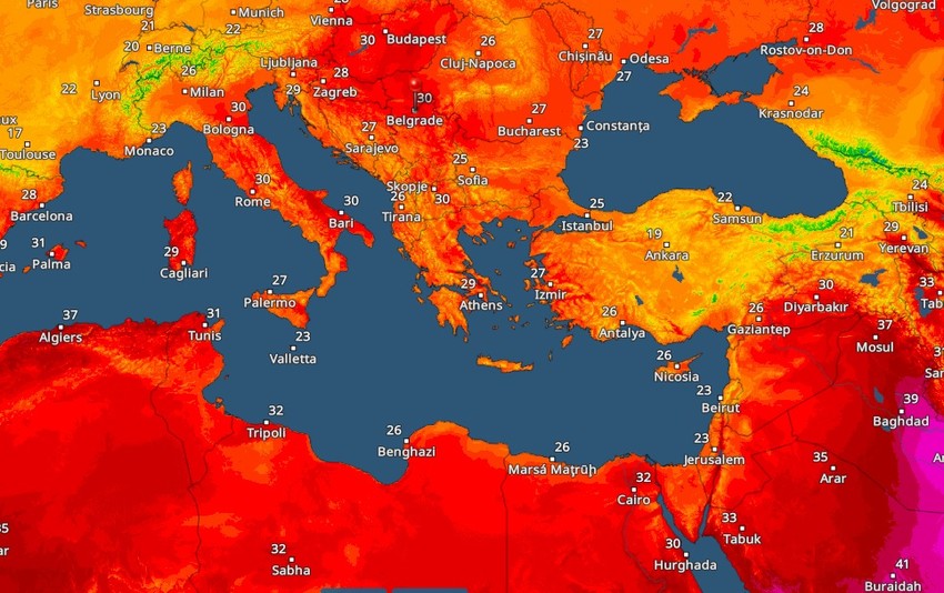 Mapa temperatura, ponedeljak u 14h