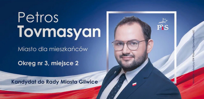 Petros Tovmasyan jako kandydat z list PiS do rady miasta Gliwic
