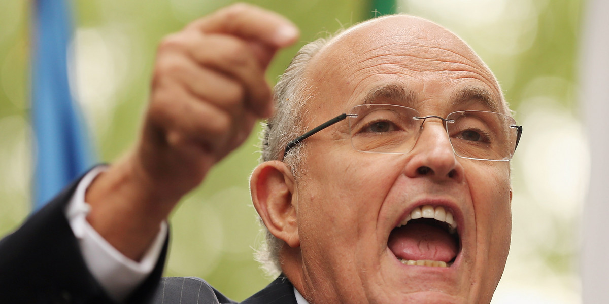 Former New York Mayor Rudolph Giuliani speaks at a rally of groups opposing then Iranian President Ahmadinejad’s speech at the UN General Assembly on September 26, 2012, in New York City.