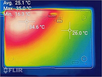 Zdjęcia z kamery termowizyjnej pokazują, jak notebook nagrzewa się podczas obciążenia