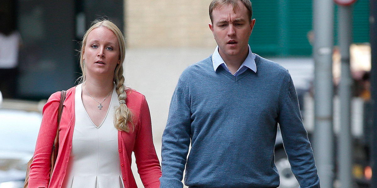 Former trader Tom Hayes arrives at Southwark Crown Court with his wife Sarah, in London, Britain, August 3, 2015.