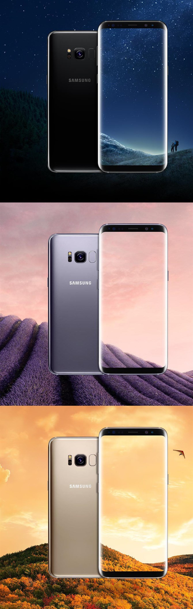 Samsung Galaxy S8 w kolorach Black Sky, Orchid Grey i złotym