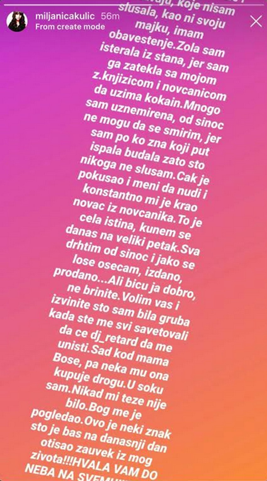 Miljana Kulić, poruka na Instagramu