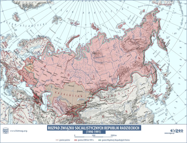 Mapa przedstawia rozpad Związku Socjalistycznych Republik Radzieckich w latach 1990–1991 (aut. Marcin Sobiech / EXGEO Professional Map)