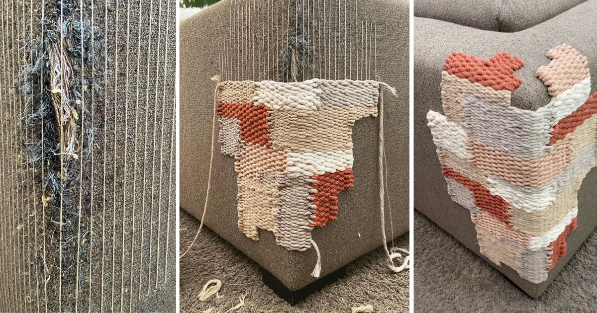 An Instagram artist shared a hack to repair a catdamaged couch using woven cotton rope to show