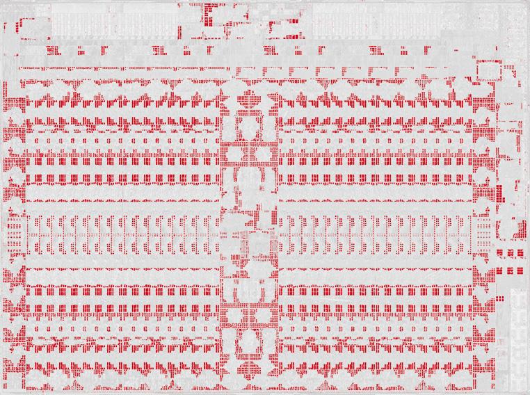 Przybliżone rozmieszczenie bloków pamięci SRAM w procesorze Vega 10 (zaznaczone na czerwono) 