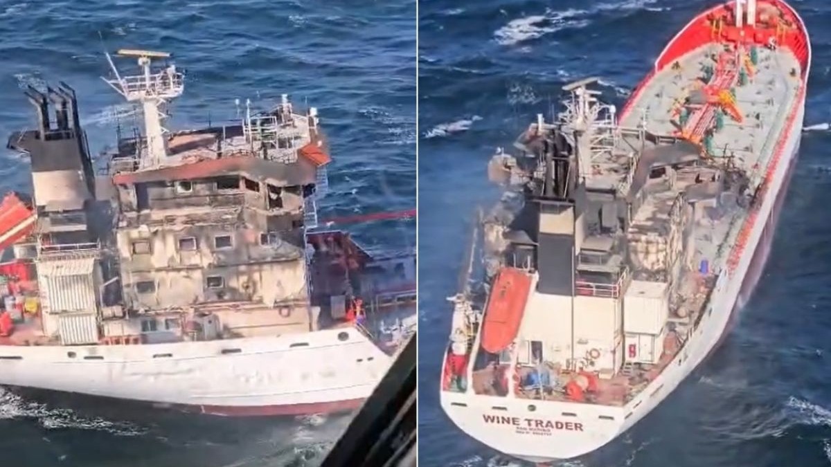 Navă incendiată lângă Sulina după un atac cu drone în spațiul aerian al României. Șapte marinari de pe „Wine Trader”, dați dispăruți