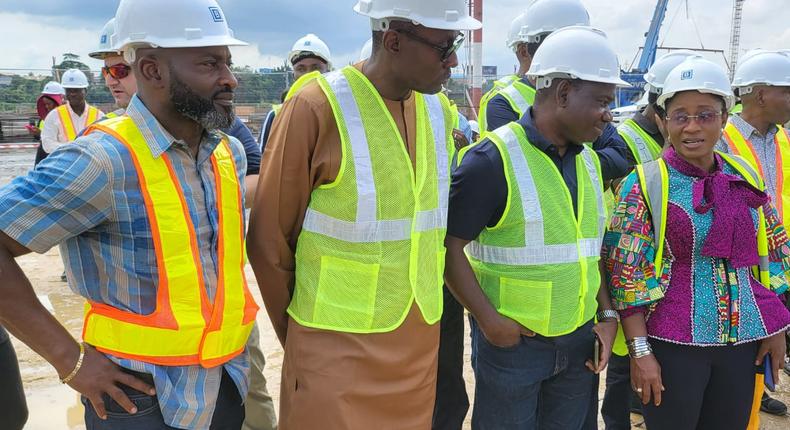 The Permanent Secretary, Lagos State Ministry of Works and Infrastructure, Mr Olujimi Hotonu; the Commissioner for Transportation, Mr Frederic Oladeinde; Commissioner for Information and Strategy, Mr Gbenga Omotoso and the Special Adviser on Works and Infrastructure, Mrs Aramide Adeyoye during the bored piling ceremony of the Opebi-Ojota Link Bridge on Friday, July 1, 2022.
