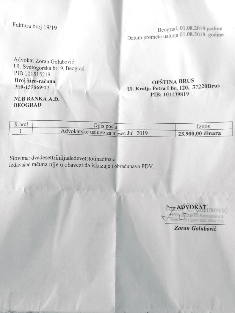 U julu ove godine opštini Brus fakturisane su advokatske usluge kancelarije Golubović 