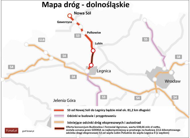 Mapa dróg - dolnośląskie - odcinek Lubin Legnica