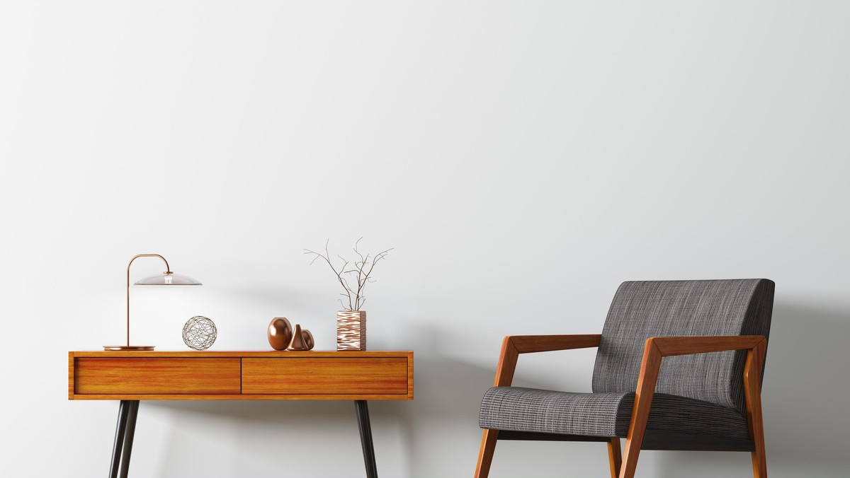 Interior with wooden side table and armchair 3d rendering