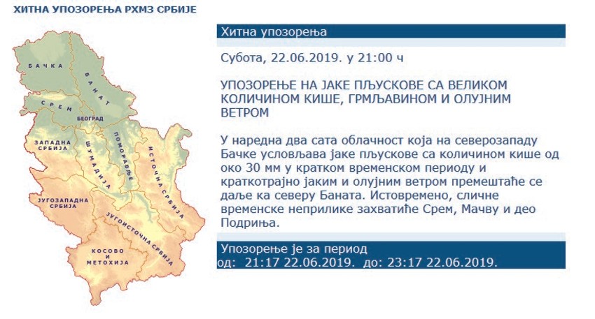 Hitno upozorenje RHMZ