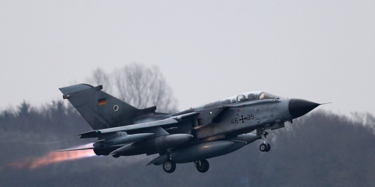 A German air force Tornado jet takes off from the German army Bundeswehr airbase in Jagel.