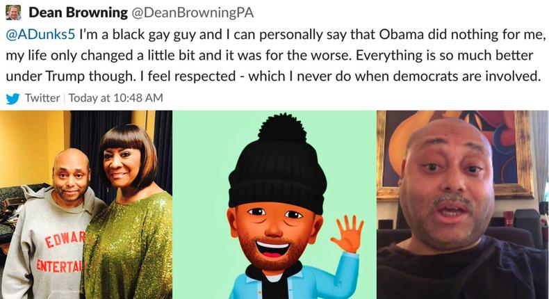 Clockwise, from top: Dean Browning's tweet that started it all; William 'Byl' Holte calls himself Dan Purdy in a Twitter video defending Browning's tweet; The Dan Purdy Twitter avatar that Holte uses on other platforms; Holte and his aunt, the singer Patti LaBelle.